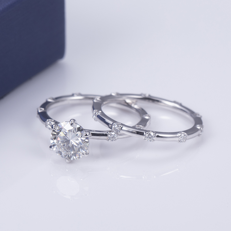 Messi Alahas - MS-573 18k White Gold 7mm D color Moissanite Ring Set Rings 9