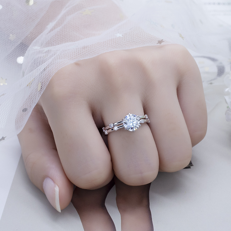 Messi Alahas - MS-573 18k White Gold 7mm D color Moissanite Ring Set Rings 13