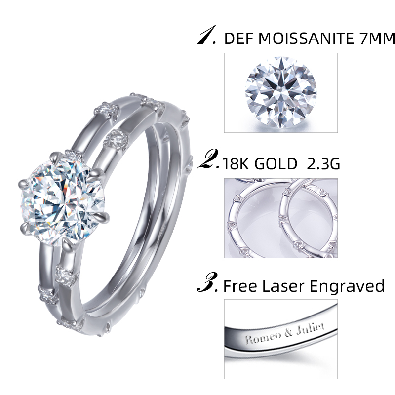 Messi Alahas - MS-573 18k White Gold 7mm D color Moissanite Ring Set Rings 14