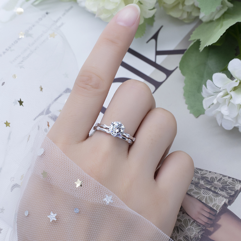 Barang Kemas Messi - Barang Kemas Messi MSR-573 18k Emas Putih Pertunangan Perkahwinan Wanita 7mm D Cincin Cincin Boleh Bertindan Moissanite 11