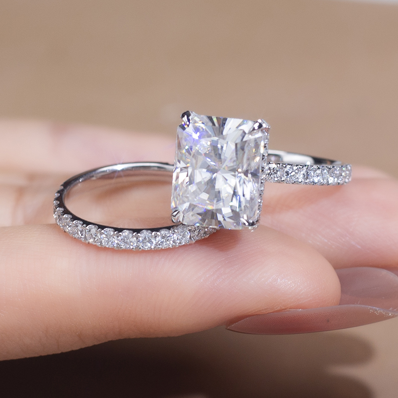 Messi Jewelry - Messi Jewelry 14k solid gold 4.5ct radiant cut moissanite main stone and lab diamond band women Jewelry Ring Vintage Style Rings 9