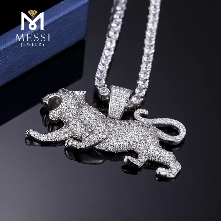 925 Sterling Silver Iced Out Leopard Pendant Necklace for Men 3