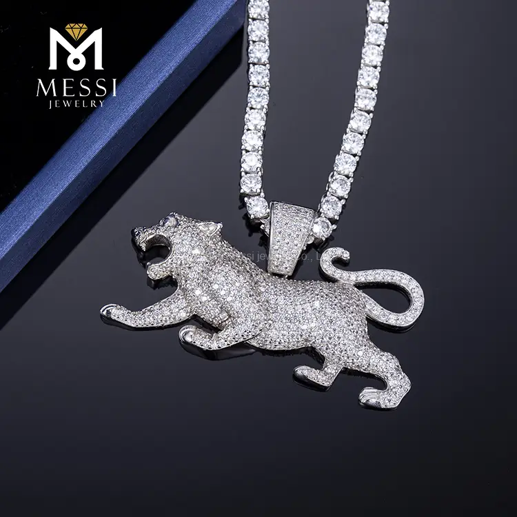 925 Sterling Silver Iced Out Leopard Pendant Necklace for Men 4