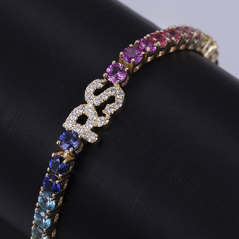 Messi Jewelry - Messi Jewelry 9k yellow Gold Rainbow sapphire diamond lab grown pink blue yellow red corundum Tennis bracelet trendy look Custom Jewelry 8