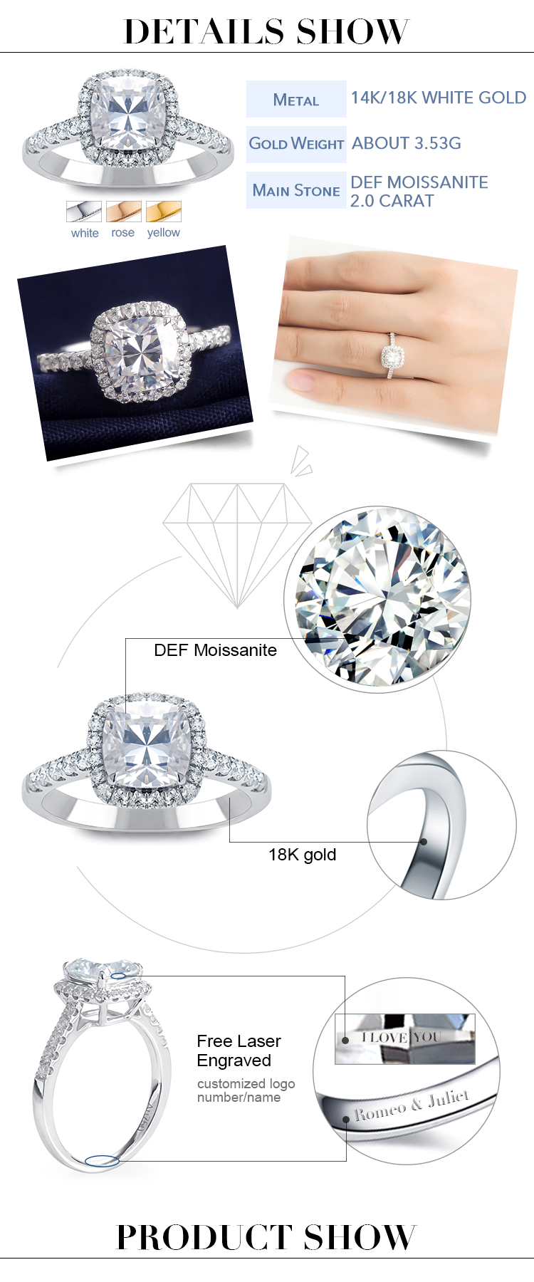 Barang Kemas Messi - Barang Kemas Messi 2.5ct kusyen potong moissanite cincin cincin halo untuk wanita pertunangan perkahwinan 14k 18k emas reka bentuk Cincin 8