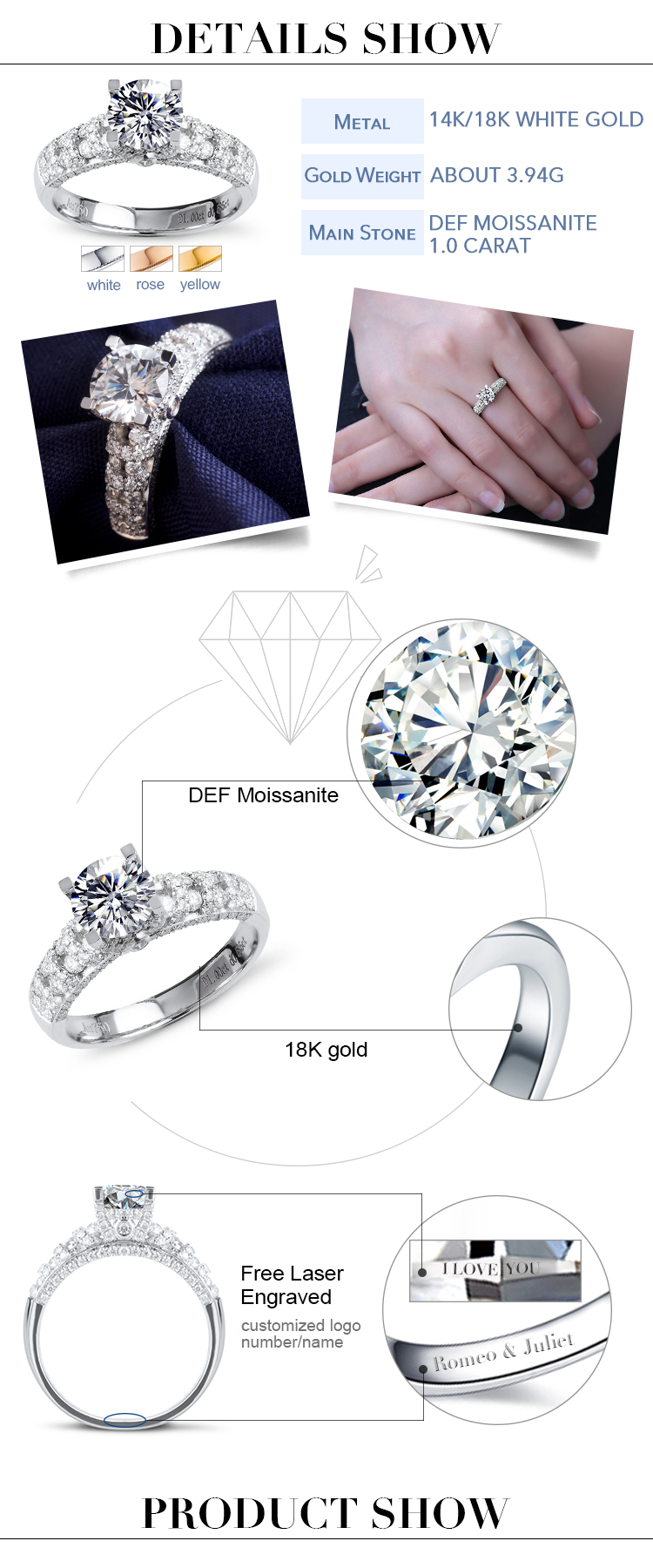 Messi Jewelry - Vintage matching 18K white gold 1 carat moissanite diamond engagement ring Rings 11