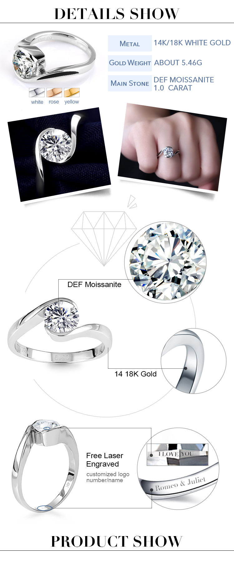 Barang Kemas Messi - Tetapan bezel Barang Kemas Messi 14k emas disesuaikan cincin pertunangan berlian 2 karat moissanite berkualiti tinggi 8