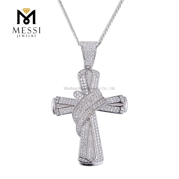 Gioielli Messi - Messi Jewelry Micro Pave Zircone Cross 925 Collana in argento sterling per uomo Ciondolo Moissanite 1