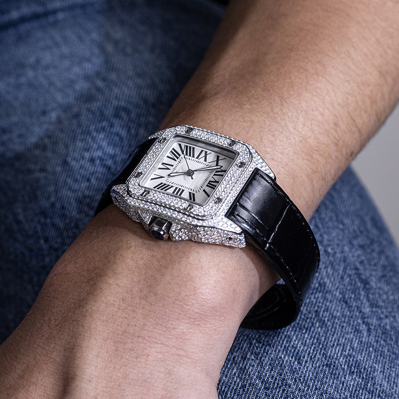 Messi Alahas - Custom nga suunto core nga panit nga itom nga Moissanite Diamond Watch Moissanite Watch 15