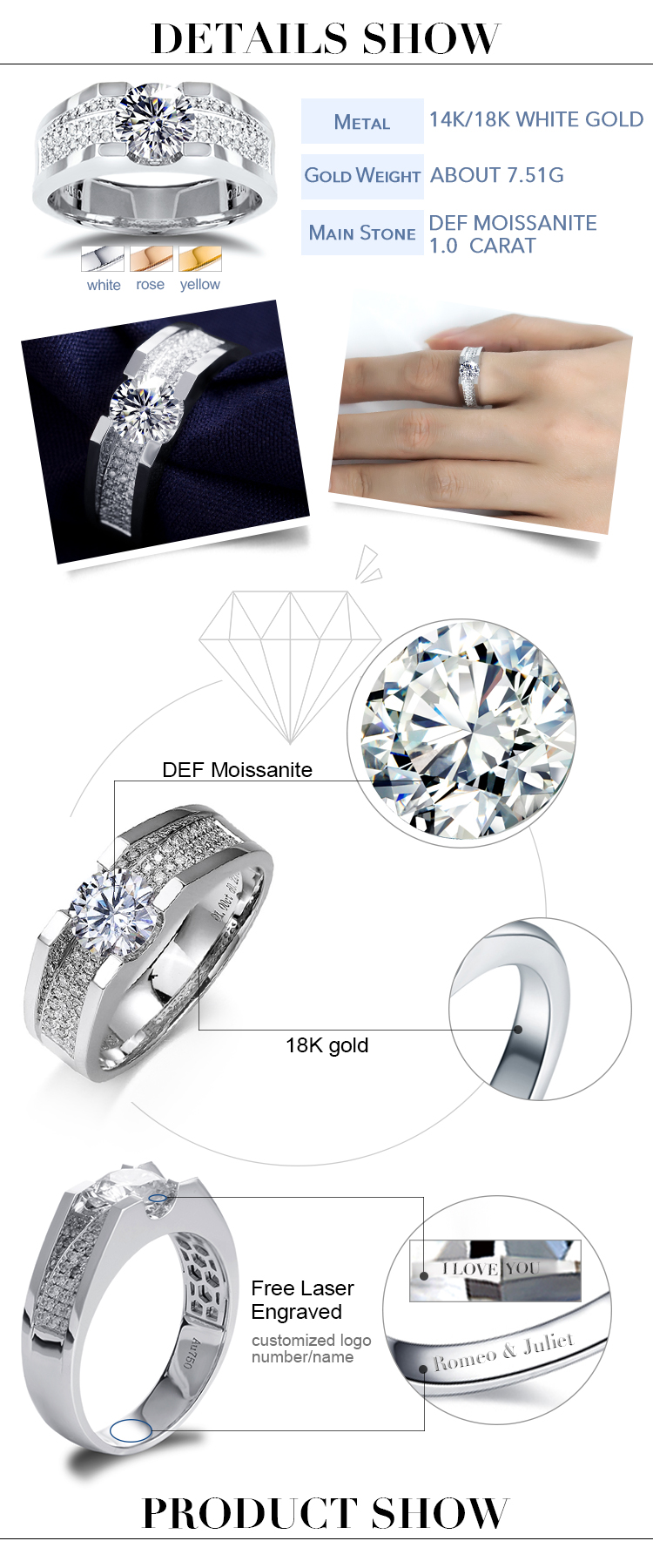 Messi Alahas - Messi Alahas 1ct Moissanite Gold Ring 14k/18K puti nga bulawan nga lalaki moissanite singsing Mga Lalaki nga Singsing 9