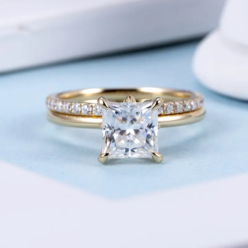 Gioielli Messi - Messi Gems Giallo Giallo Gold Square Cut EF 6,5x6,5 mm Anello di moissanite Set per gli anelli da nozze 1