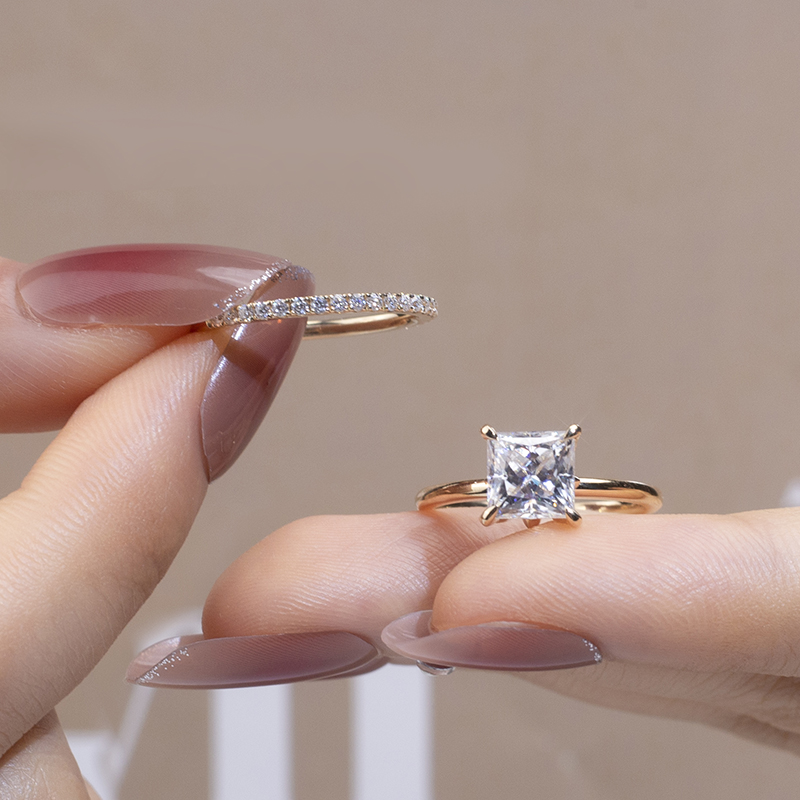 Messi Jewelry - Messi Gems 18K Yellow Gold Square Cut EF 6.5X6.5mm Moissanite Ring Set For Wedding Rings 9