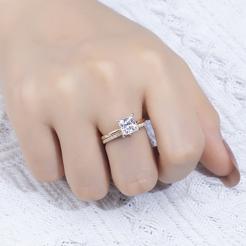 Messi Jewelry - Messi Gems 18K Yellow Gold Square Cut EF 6.5X6.5mm Moissanite Ring Set For Wedding Rings 8