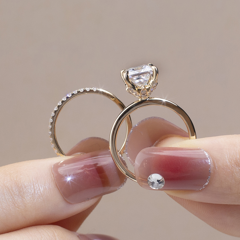 Messi Jewelry - Messi Gems 18K Yellow Gold Square Cut EF 6.5X6.5mm Moissanite Ring Set For Wedding Rings 11