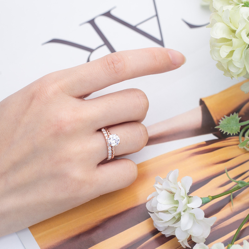 Messi Alahas - MS-637 Rose Gold Round Cut DEF 1Ct Moissanite Eternity Ring Set Rings 12