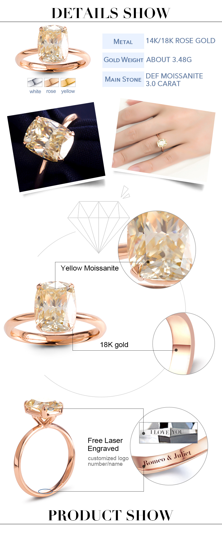 Messi Jewelry - Messi Jewelry 3.0 carat yellow solitaire moissanite diamond wedding 14k 18k rose gold ring for women Rings 8