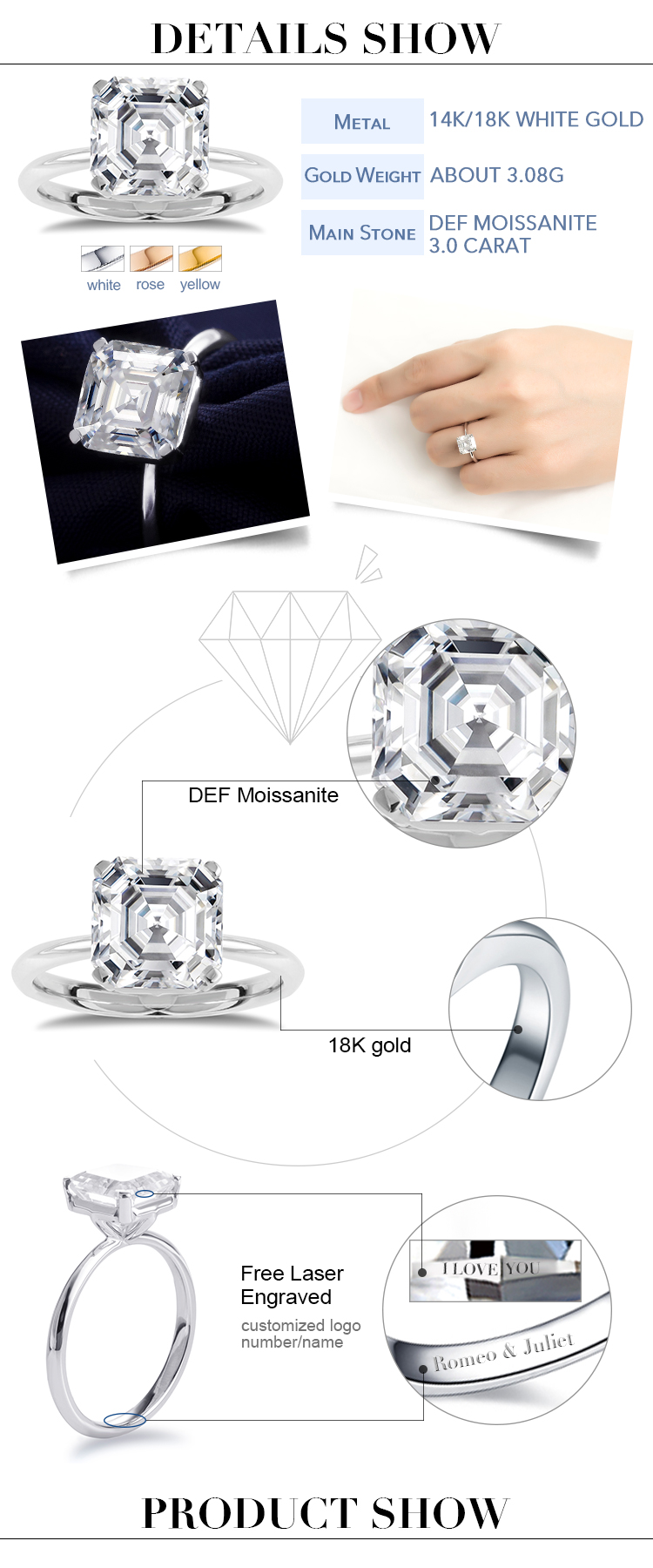 Barang Kemas Messi - MS-238 Barang Kemas Messi Asscher potong 18k emas putih 3 karat DEF VVS cincin berlian moissanite 8