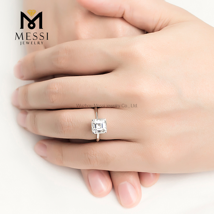 Barang Kemas Messi - MS-238 Barang Kemas Messi Asscher potong 18k emas putih 3 karat DEF VVS cincin berlian moissanite 14