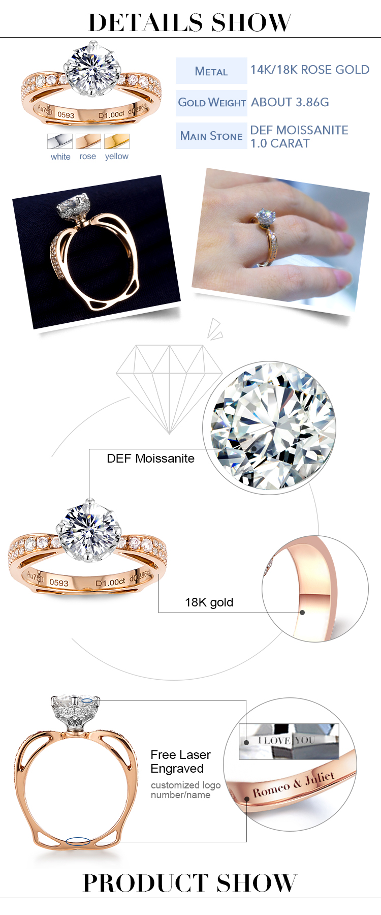 Messi Jewelry - Messi Jewelry 1 carat Moissanite Jewelry Wedding Ring 18K Rose Gold Rings 12