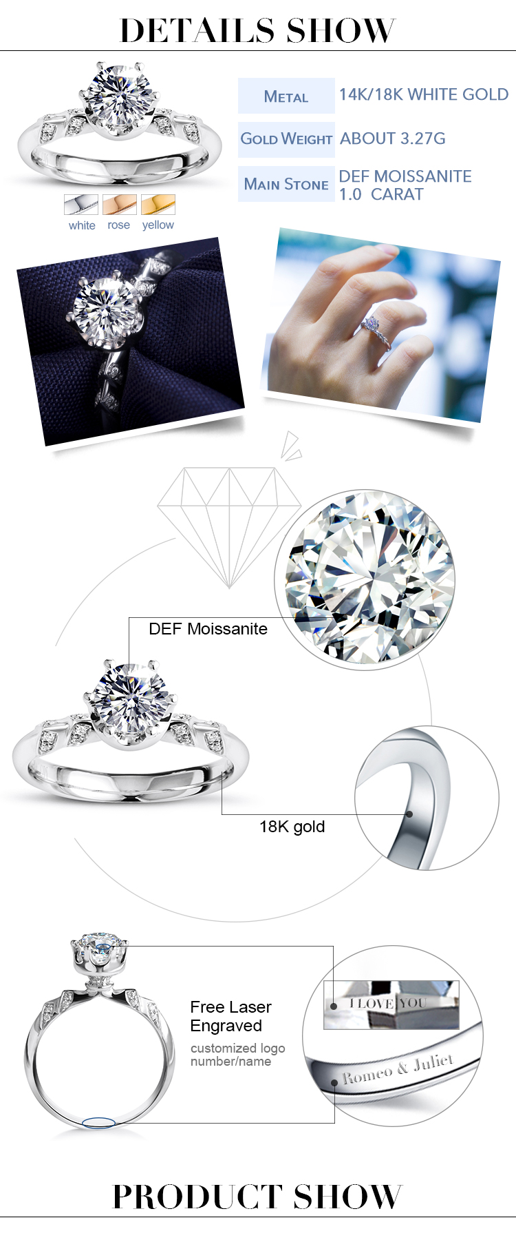 Messi Alahas - Messi Alahas 6 claw prong setting 1 Ct moissanite 18k puti nga bulawan nga mga babaye fashion Singsing singsing 13