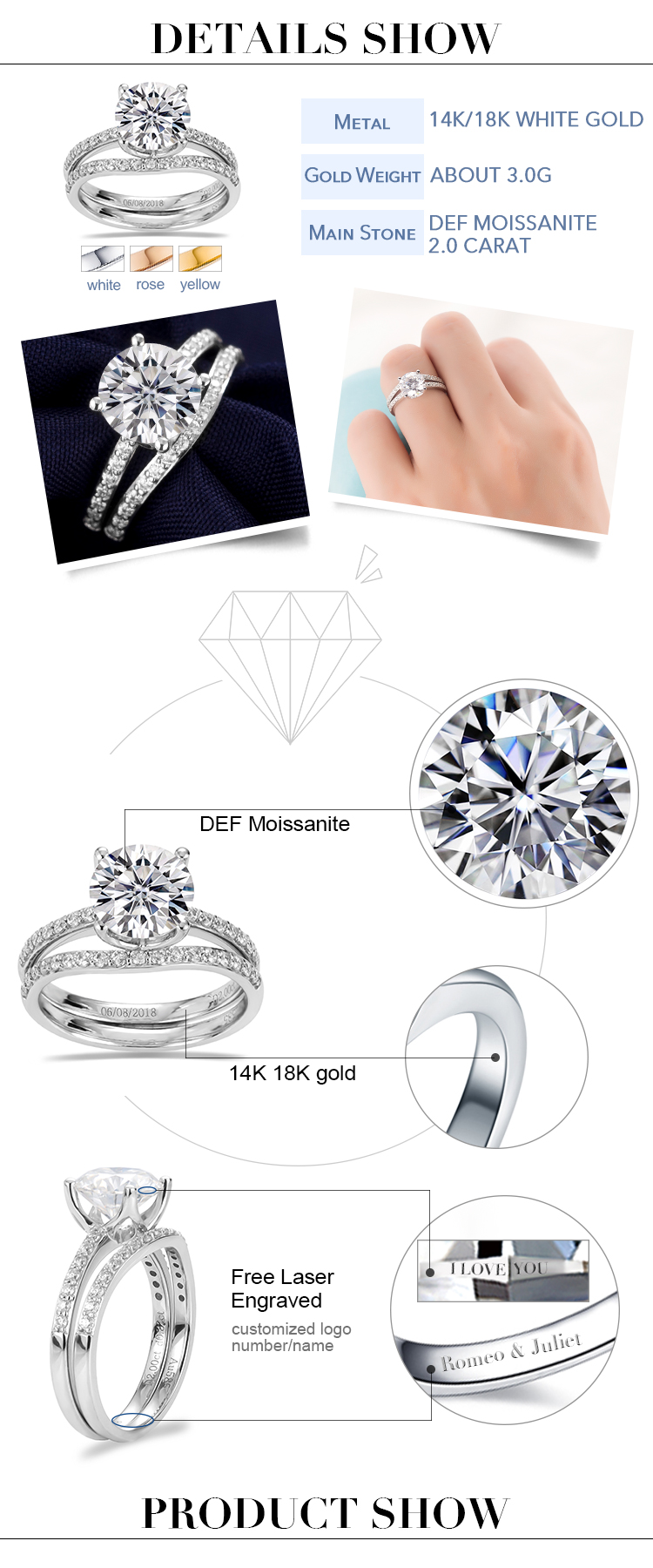 Barang Kemas Messi - Barang Kemas Messi Disesuaikan 18k emas putih 2.0ct D VVS moissanite cincin perkahwinan berlian set Cincin 8