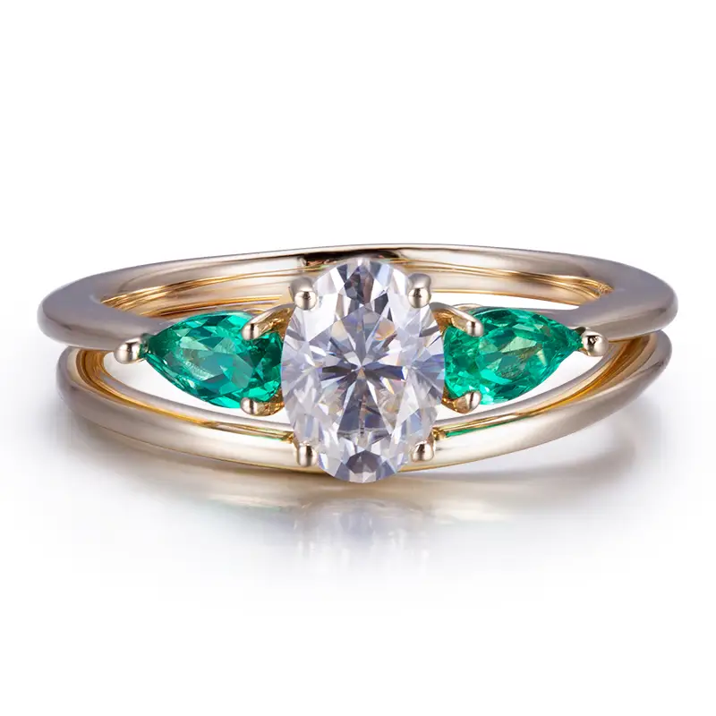 Gioielli Messi - Messi Gems 9k Giallo 3 Stones Moissanite Lab Grow Grown Emerald Engagement Ring Set Anelli 1