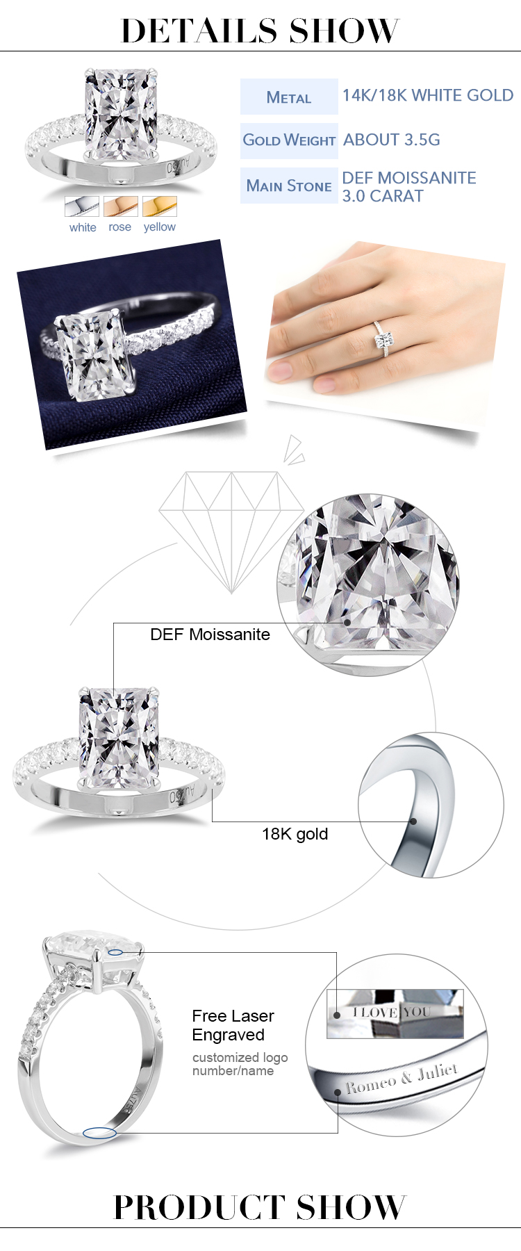 Barang Kemas Messi - MS-239 Barang Kemas Messi harga borong emas putih 18k 3 karat DEF VVS cincin pertunangan wanita moissanite berseri Cincin 8