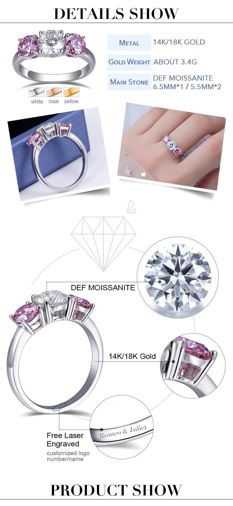 Messi Alahas - Messi Alahas 14K Puti nga bulawan 1ct Round Giputol Puti nga Kolor Moissanite Diamond Singsing Para sa Babaye nga Singsing 11