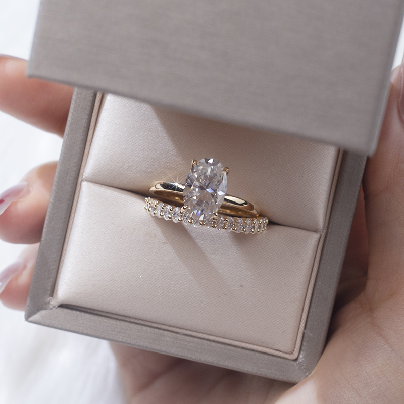 Messi Jewelry - Messi Gems 18K Yellow Gold Oval Cut DEF 12X8mm Moissanite Ring Set Rings 11