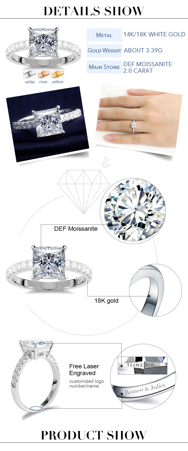 Messi Jewelry - Messi Jewelry DEF VVS 2ct square moissanite woman ring solitaire engagement wedding ring bling bling bridal jewelry Rings 8