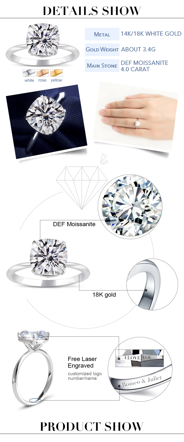 Messi Jewelry - MS-236 Messi Jewelry 18k real gold 4 carat cushion cut moissanite diamond ring jewelry Rings 8