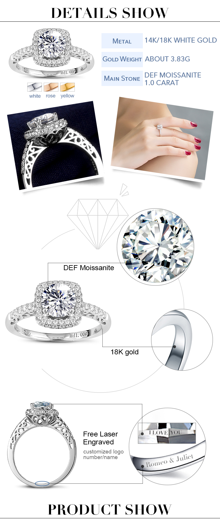 Messi Alahas - Messi Alahas AU750 babaye nga singsing sa kasal engagement halo singsing 14k 18k puti nga bulawan 1ct moissanite singsing singsing 8