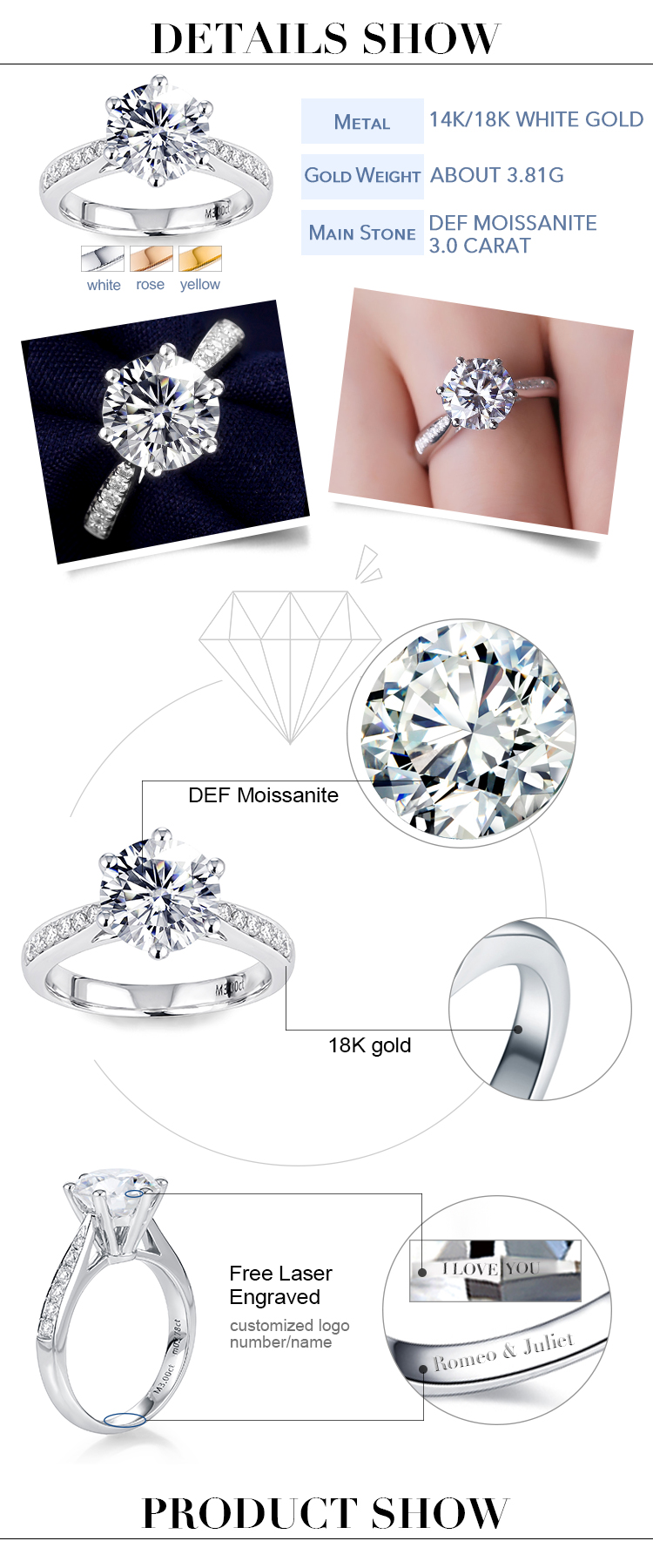 Messi Jewelry - Messi Jewelry Engagement ring 14K 18K white gold 3.0ct Moissanite diamond Ring Rings 8