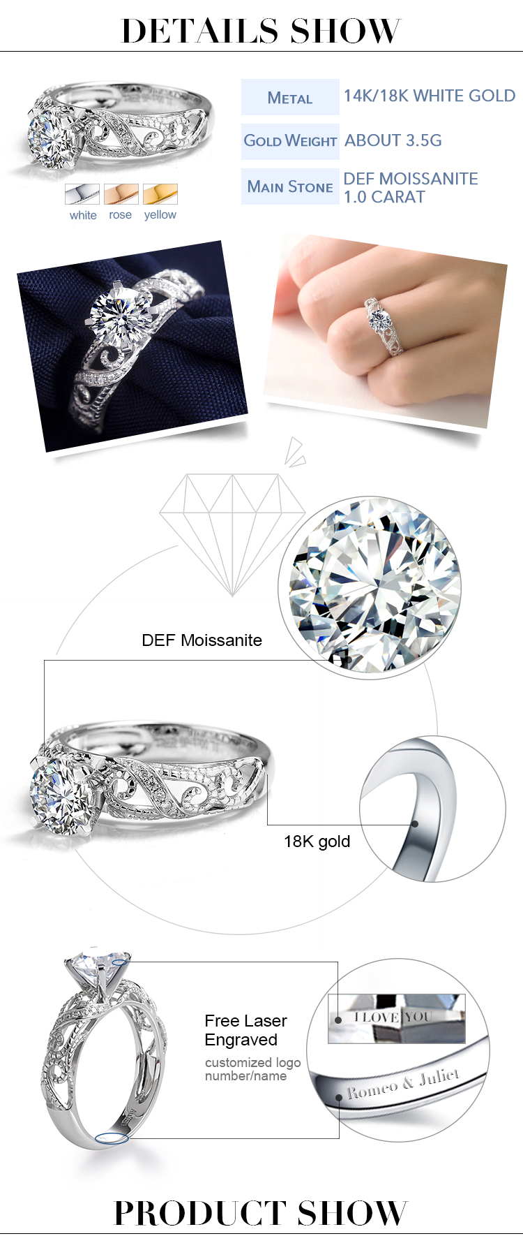 Barang Kemas Messi - Cincin Perkahwinan Moissanite Perhiasan Pertunangan 14k Cincin Emas Putih Untuk Wanita 10