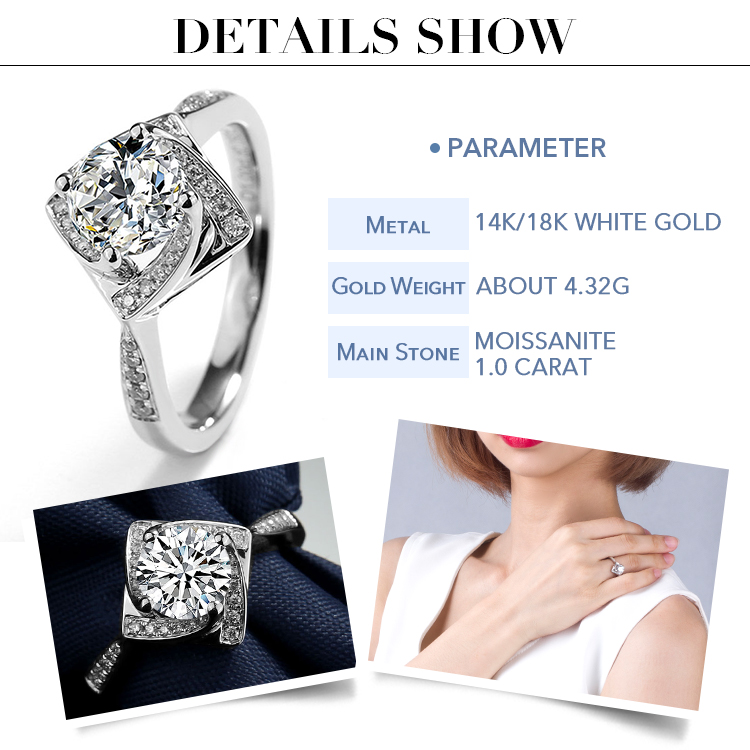 Messi Alahas - Messi Alahas 1.0ct Moissanite diamante nga regalo singsing puti nga bulawan Alahas 14k/18k 4.32g singsing puti nga bulawan Alahas singsing 10