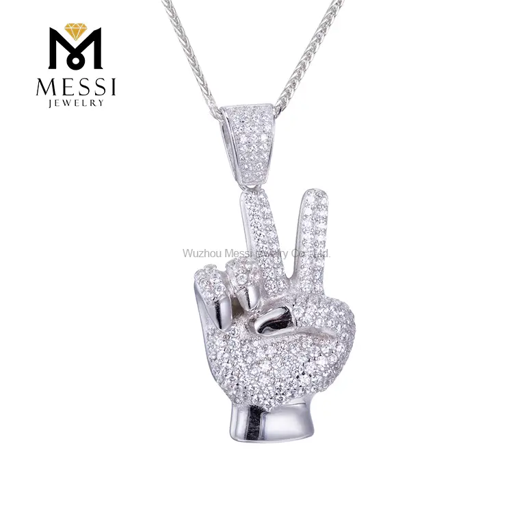 Gioielli Messi - Messi Gioielli Hip Hop Catena ghiacciata Victory Hand Cubic Zircone 925 Sterling Silver Men Necklace Ciondolo Moissante 1