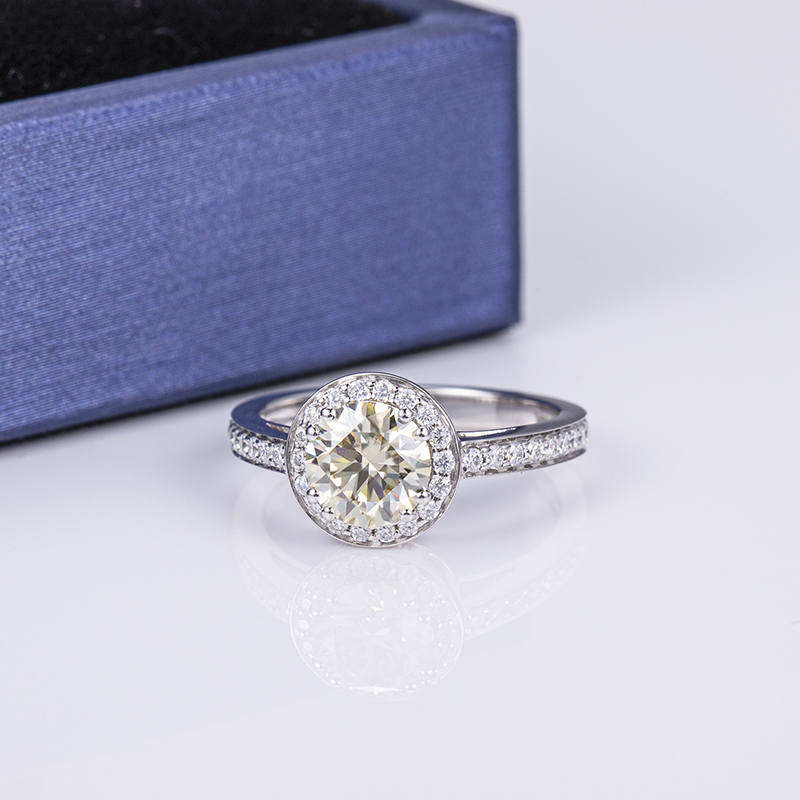 Messi Jewelry - Messi Jewelry MSR-535 14K White Gold E 6.5MM Halo Or Band Engagement Wedding Dark Yellow Moissanite Ring Rings 10