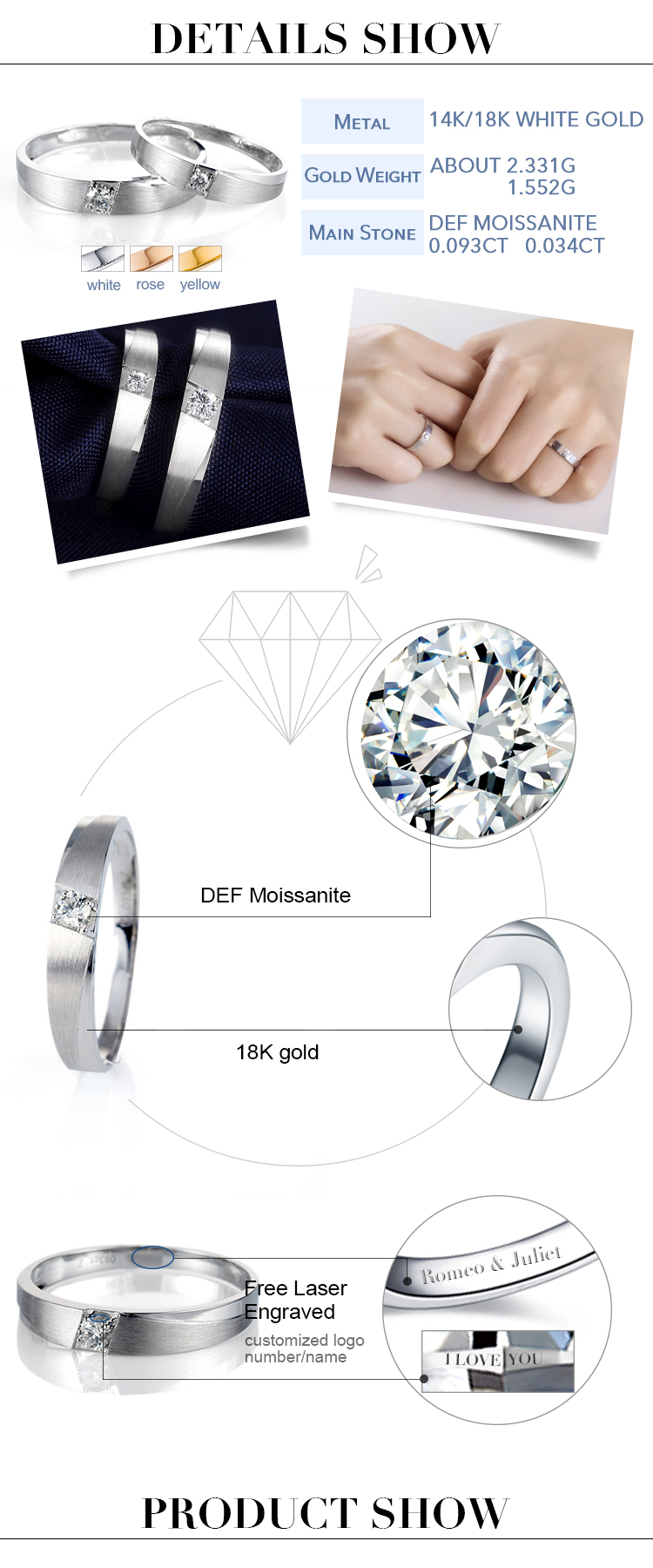 Messi Jewelry - Messi Jewelry 18k white gold couple rings lab grown diamond rings for wedding engagement lovers gift rings jewelry Custom Jewelry 8