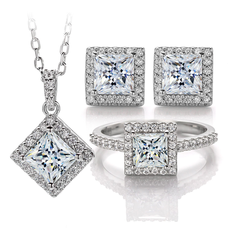 Messi Jewelry - MessI jewelry HL01M 1Ct Square Cut DEF Moissanite 925 Ailver Ring Set Jewelry Set 18