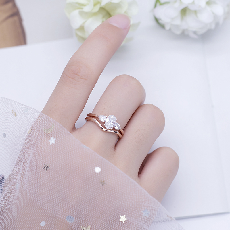 Messi Jewelry - MS-553 White Gold Oval Cut Three Stone Moissanite Ring Set Rings 13