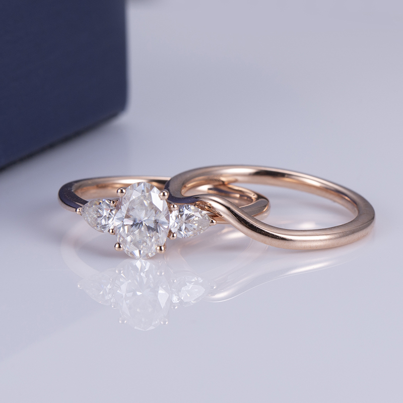 Messi Jewelry - MS-553 White Gold Oval Cut Three Stone Moissanite Ring Set Rings 9