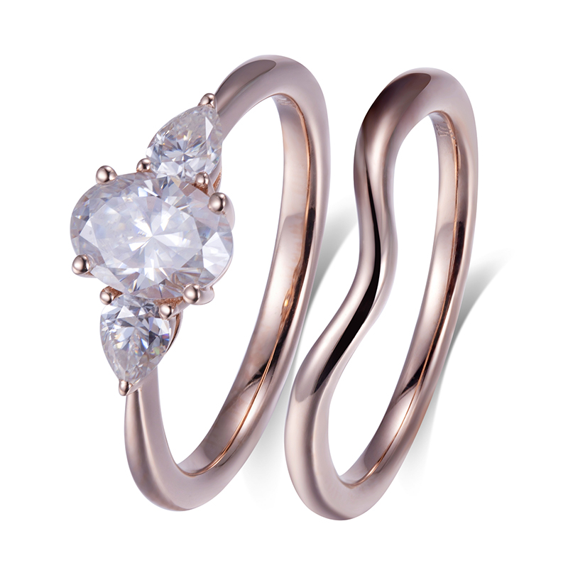 Messi Jewelry - MS-553 White Gold Oval Cut Three Stone Moissanite Ring Set Rings 8