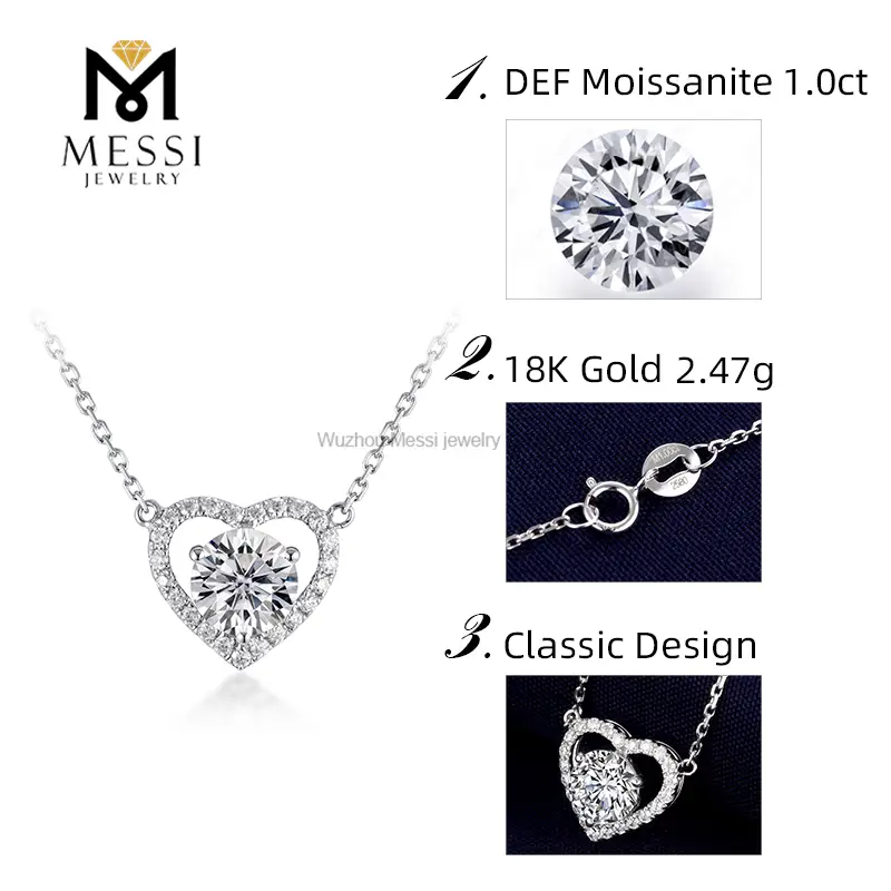 Messi 18k White Gold Heart Shape Moissanite Necklace 6
