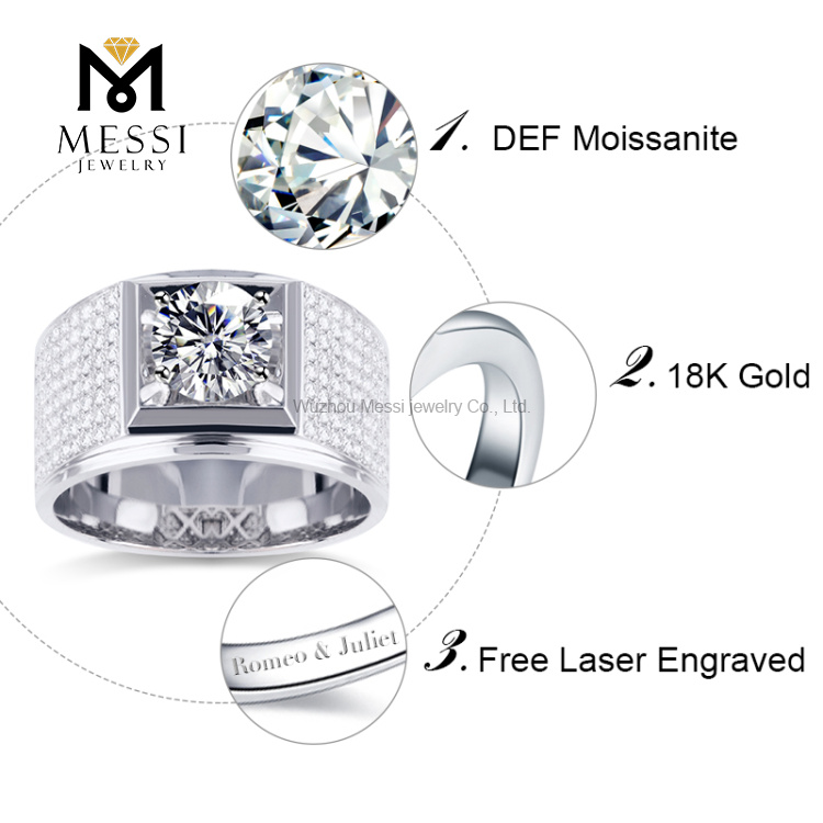 Barang Kemas Messi - Barang Kemas Messi 1 Karat VVS DEF perkahwinan pertunangan berlian sintetik 14k/18k cincin lelaki moissanite emas putih asli Cincin Lelaki 8