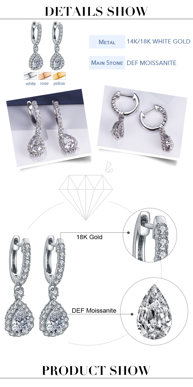 Messi Jewelry - Messi Jewelry Pear Cut DEF color moissanite woman fashion jewelry 18k white gold diamond drop earrings Earrings 11