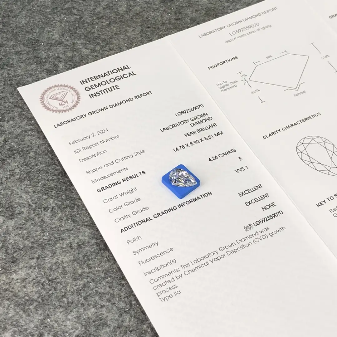 4.24CT E VVS1 Pear Lab Diamond - IGI Certified - Customize Your Own 4