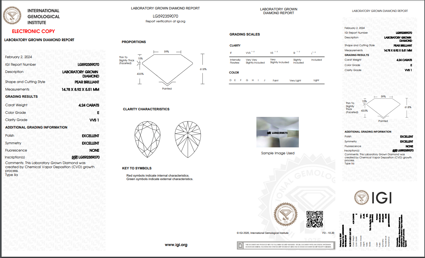 Pear Shape 4.24CT E VVS1 EX EX White Customize CVD Lab Grown Diamond with Certificate 8