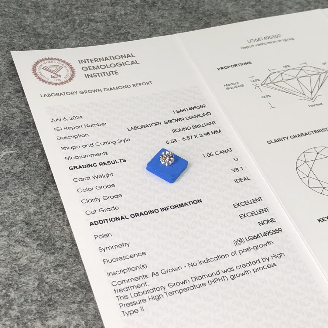 Round Cut Lab Grown Diamond 1.05CT D VS1 ID EX EX HPHT LG641495359 | Messi Jewelry 6