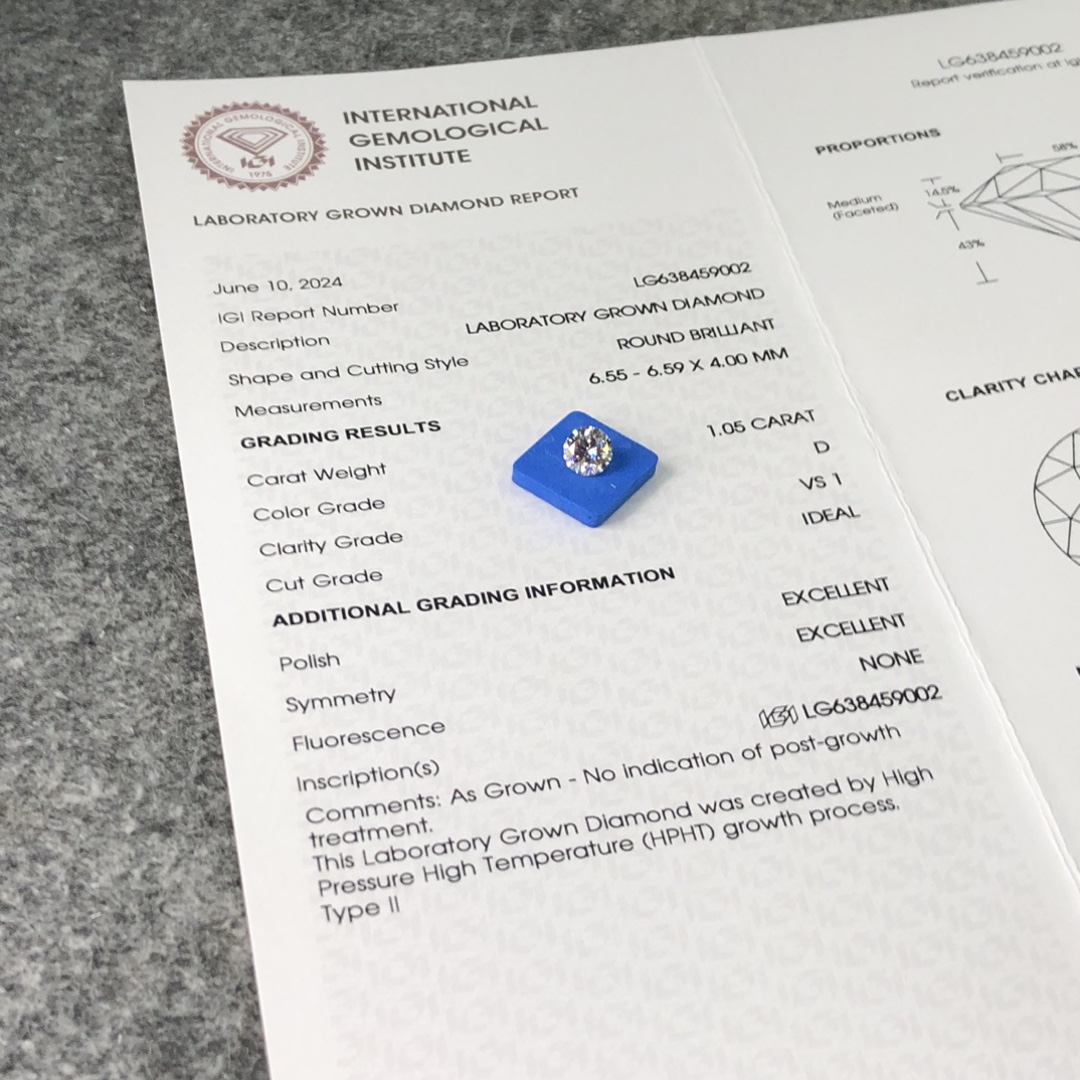 Potongan Bulat Berlian Berkualiti 1.05CT D VS1 ID EX EX HPHT LG638459002 | Barang Kemas Messi 7