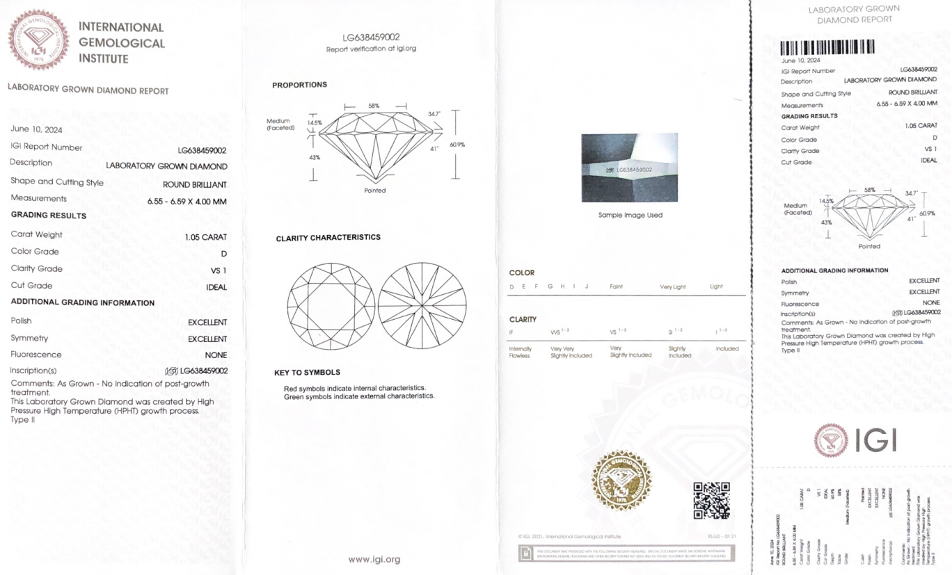Potongan Bulat Berlian Berkualiti 1.05CT D VS1 ID EX EX HPHT LG638459002 | Barang Kemas Messi 8